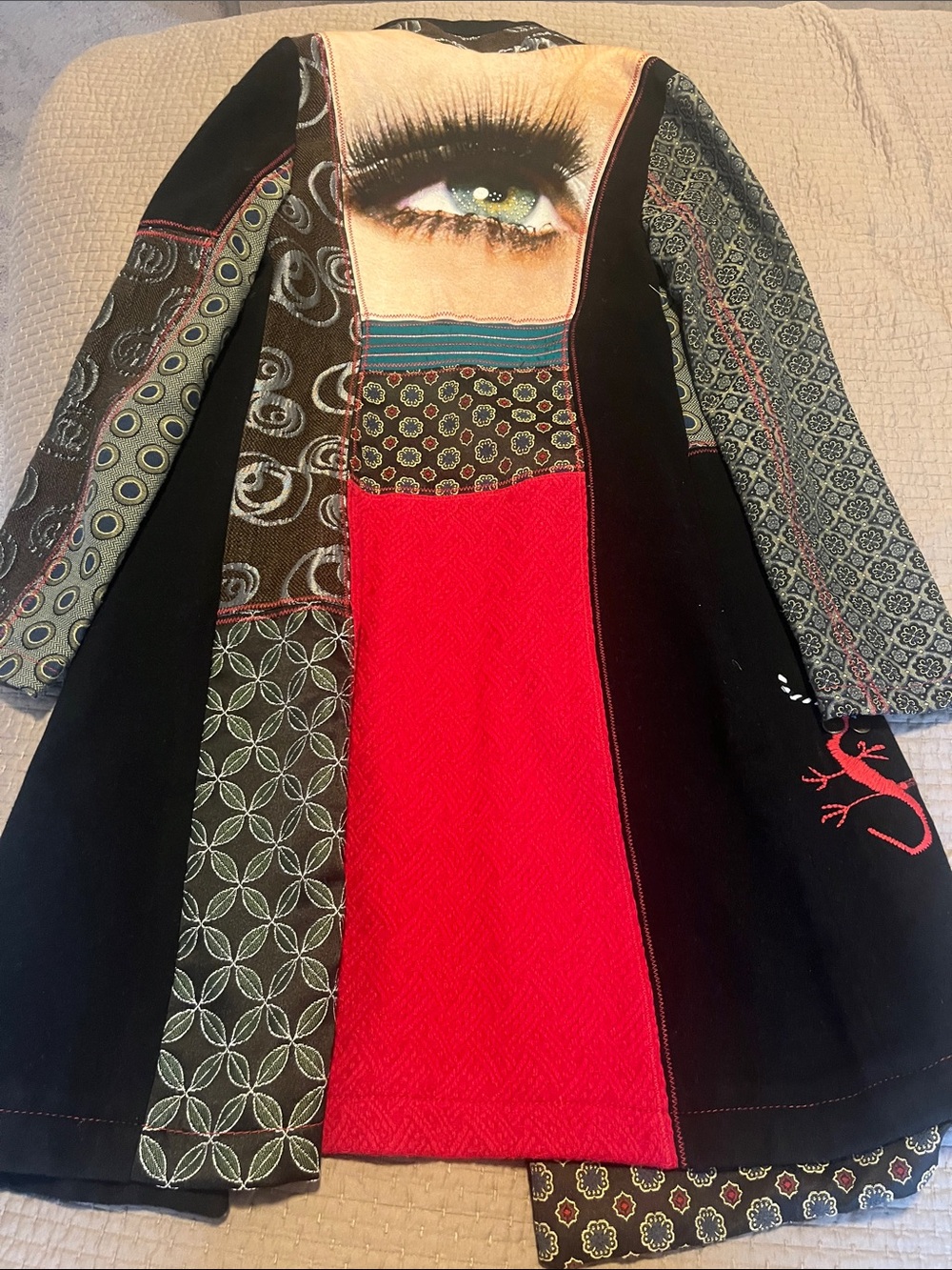 Rare Archival Desigual Eye Patch Mixed-Pattern Trench Coat with Red Accents